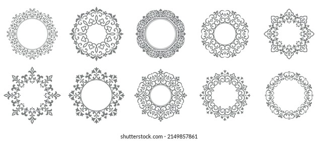 Set of decorative frames Elegant vector element for design in Eastern style, place for text. Floral gray and white borders. Lace illustration for invitations and greeting cards