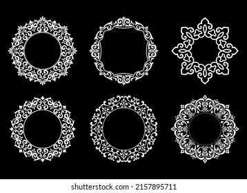 Set of decorative frames Elegant vector element for design in Eastern style, place for text. Floral black and white borders. Lace illustration for invitations and greeting cards.