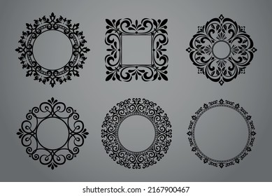 Set of decorative frames Elegant vector element for design in Eastern style, place for text. Floral black and gray borders. Lace illustration for invitations and greeting cards