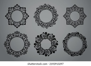 Set of decorative frames Elegant vector element for design in Eastern style, place for text. Floral black and gray borders. Lace illustration for invitations and greeting cards