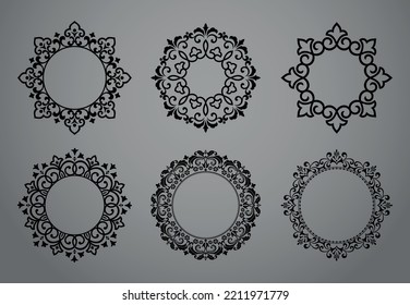 Set of decorative frames Elegant vector element for design in Eastern style, place for text. Floral black and gray borders. Lace illustration for invitations and greeting cards