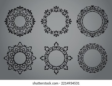 Set of decorative frames Elegant vector element for design in Eastern style, place for text. Floral black and gray borders. Lace illustration for invitations and greeting cards