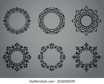 Set of decorative frames Elegant vector element for design in Eastern style, place for text. Floral black and gray borders. Lace illustration for invitations and greeting cards