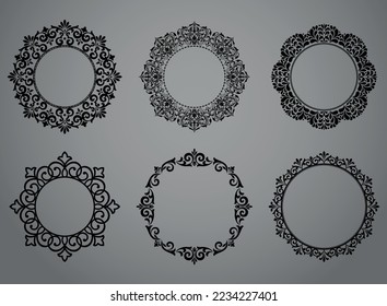 Set of decorative frames Elegant vector element for design in Eastern style, place for text. Floral black and gray borders. Lace illustration for invitations and greeting cards