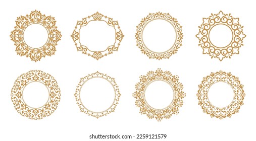 Set of decorative frames Elegant vector element for design in Eastern style, place for text. Floral gold and white borders. Lace illustration for invitations and greeting cards