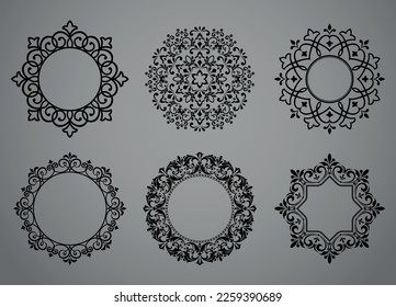 Set of decorative frames Elegant vector element for design in Eastern style, place for text. Floral black and gray borders. Lace illustration for invitations and greeting cards