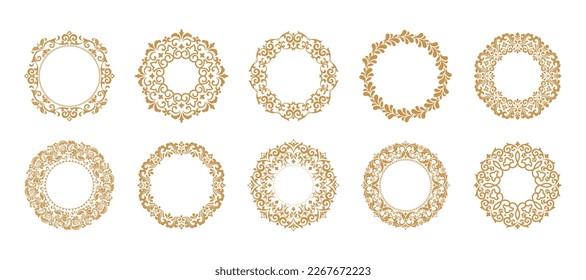 Set of decorative frames Elegant vector element for design in Eastern style, place for text. Floral gold and white borders. Lace illustration for invitations and greeting cards