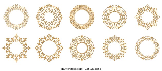 Set of decorative frames Elegant vector element for design in Eastern style, place for text. Floral gold and white borders. Lace illustration for invitations and greeting cards