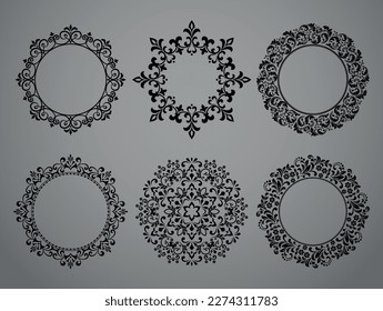 Set of decorative frames Elegant vector element for design in Eastern style, place for text. Floral black and gray borders. Lace illustration for invitations and greeting cards.