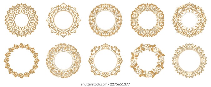 Set of decorative frames Elegant vector element for design in Eastern style, place for text. Floral gold and white borders. Lace illustration for invitations and greeting cards