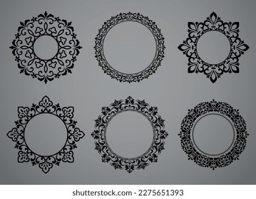 Set of decorative frames Elegant vector element for design in Eastern style, place for text. Floral black and gray borders. Lace illustration for invitations and greeting cards