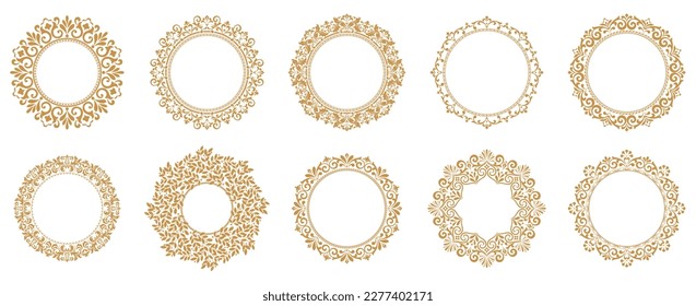 Set of decorative frames Elegant vector element for design in Eastern style, place for text. Floral gold and white borders. Lace illustration for invitations and greeting cards