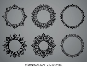Set of decorative frames Elegant vector element for design in Eastern style, place for text. Floral black and gray borders. Lace illustration for invitations and greeting cards