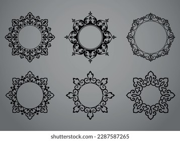 Set of decorative frames Elegant vector element for design in Eastern style, place for text. Floral black and gray borders. Lace illustration for invitations and greeting cards