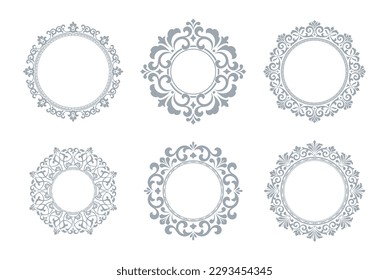 Set of decorative frames Elegant vector element for design in Eastern style, place for text. Floral gray and white borders. Lace illustration for invitations and greeting cards