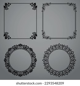 Set of decorative frames Elegant vector element for design in Eastern style, place for text. Floral black and gray borders. Lace illustration for invitations and greeting cards