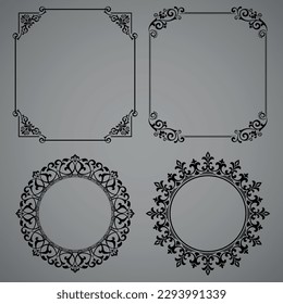 Set of decorative frames Elegant vector element for design in Eastern style, place for text. Floral black and gray borders. Lace illustration for invitations and greeting cards