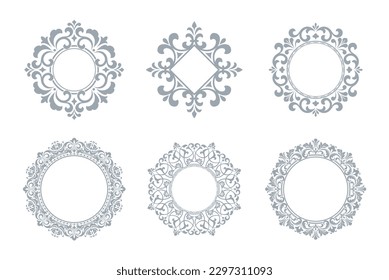 Set of decorative frames Elegant vector element for design in Eastern style, place for text. Floral gray and white borders. Lace illustration for invitations and greeting cards