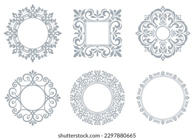 Set of decorative frames Elegant vector element for design in Eastern style, place for text. Floral gray and white borders. Lace illustration for invitations and greeting cards