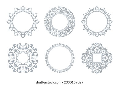 Set of decorative frames Elegant vector element for design in Eastern style, place for text. Floral gray and white borders. Lace illustration for invitations and greeting cards