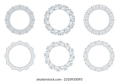 Set of decorative frames Elegant vector element for design in Eastern style, place for text. Floral gray and white borders. Lace illustration for invitations and greeting cards
