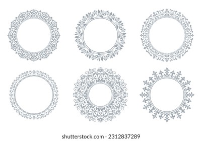 Set of decorative frames Elegant vector element for design in Eastern style, place for text. Floral gray and white borders. Lace illustration for invitations and greeting cards