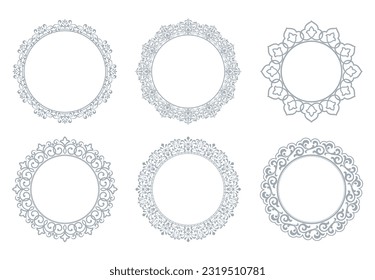 Set of decorative frames Elegant vector element for design in Eastern style, place for text. Floral gray and white borders. Lace illustration for invitations and greeting cards