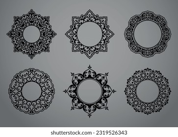 Set of decorative frames Elegant vector element for design in Eastern style, place for text. Floral black and gray borders. Lace illustration for invitations and greeting cards