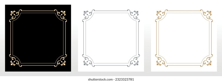 Set of decorative frames Elegant vector element for design in Eastern style, place for text. Floral black, gold and gray borders. Lace illustration for invitations and greeting cards