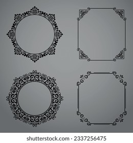 Set of decorative frames Elegant vector element for design in Eastern style, place for text. Floral black and gray borders. Lace illustration for invitations and greeting cards