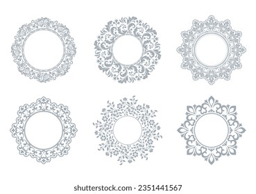 Set of decorative frames Elegant vector element for design in Eastern style, place for text. Floral gray and white borders. Lace illustration for invitations and greeting cards