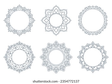 Set of decorative frames Elegant vector element for design in Eastern style, place for text. Floral gray and white borders. Lace illustration for invitations and greeting cards