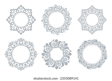 Set of decorative frames Elegant vector element for design in Eastern style, place for text. Floral gray and white borders. Lace illustration for invitations and greeting cards