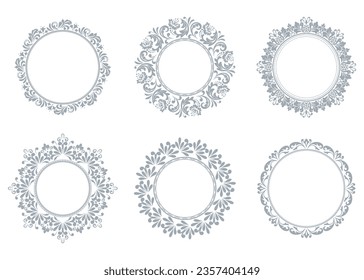 Set of decorative frames Elegant vector element for design in Eastern style, place for text. Floral gray and white borders. Lace illustration for invitations and greeting cards