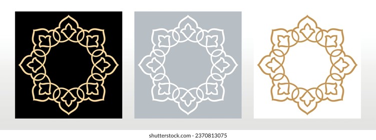 Set of decorative frames Elegant vector element for design in Eastern style, place for text. Floral black, gold and gray borders. Lace illustration for invitations and greeting cards