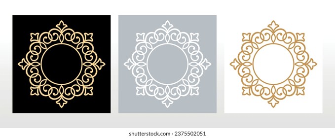 Set of decorative frames Elegant vector element for design in Eastern style, place for text. Floral black, gold and gray borders. Lace illustration for invitations and greeting cards