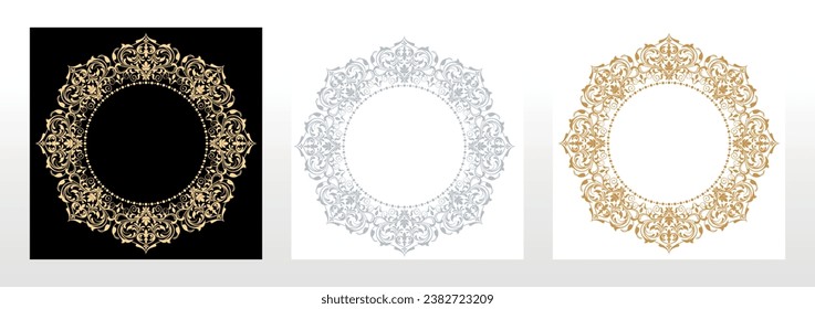 Set of decorative frames Elegant vector element for design in Eastern style, place for text. Floral black, gold and gray borders. Lace illustration for invitations and greeting cards