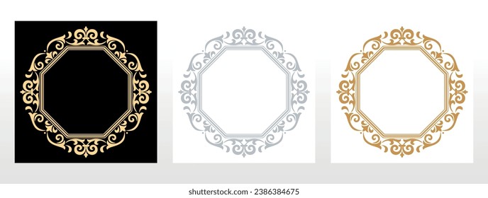 Set of decorative frames Elegant vector element for design in Eastern style, place for text. Floral black, gold and gray borders. Lace illustration for invitations and greeting cards