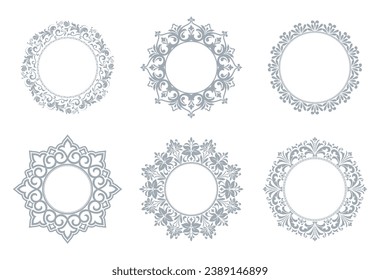 Set of decorative frames Elegant vector element for design in Eastern style, place for text. Floral gray and white borders. Lace illustration for invitations and greeting cards