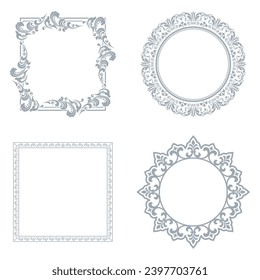 Set of decorative frames Elegant vector element for design in Eastern style, place for text. Floral gray and white borders. Lace illustration for invitations and greeting cards