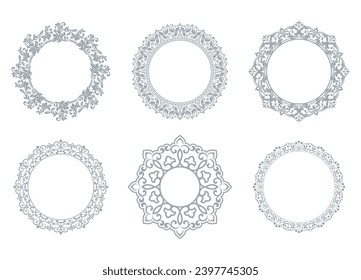 Set of decorative frames Elegant vector element for design in Eastern style, place for text. Floral gray and white borders. Lace illustration for invitations and greeting cards