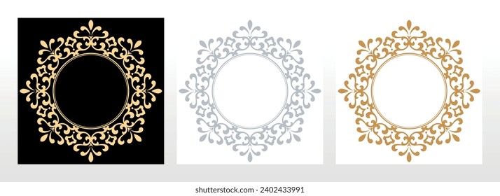 Set of decorative frames Elegant vector element for design in Eastern style, place for text. Floral black, gold and gray borders. Lace illustration for invitations and greeting cards