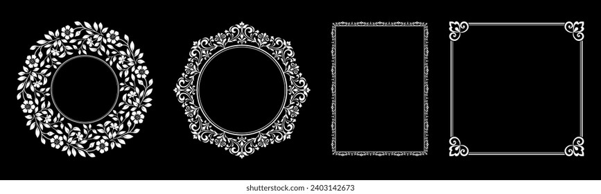 Set of decorative frames Elegant vector element for design in Eastern style, place for text. Floral black and white borders. Lace illustration for invitations and greeting cards.