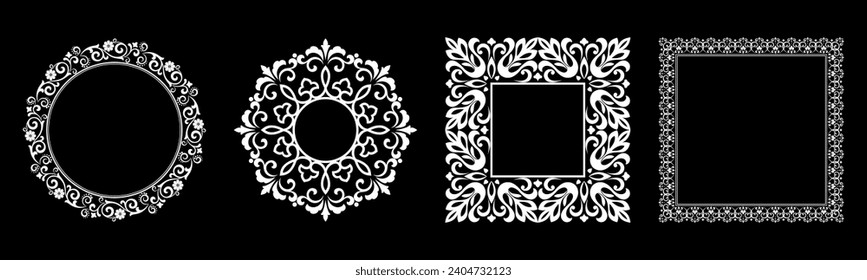Set of decorative frames Elegant vector element for design in Eastern style, place for text. Floral black and white borders. Lace illustration for invitations and greeting cards.