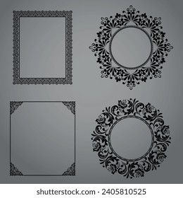 Set of decorative frames Elegant vector element for design in Eastern style, place for text. Floral black and gray borders. Lace illustration for invitations and greeting cards