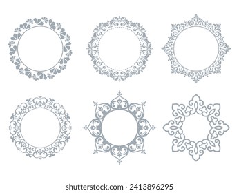 Set of decorative frames Elegant vector element for design in Eastern style, place for text. Floral gray and white borders. Lace illustration for invitations and greeting cards