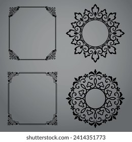 Set of decorative frames Elegant vector element for design in Eastern style, place for text. Floral black and gray borders. Lace illustration for invitations and greeting cards