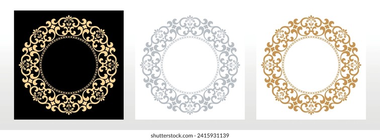 Set of decorative frames Elegant vector element for design in Eastern style, place for text. Floral black, gold and gray borders. Lace illustration for invitations and greeting cards
