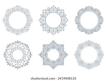 Set of decorative frames Elegant vector element for design in Eastern style, place for text. Floral gray and white borders. Lace illustration for invitations and greeting cards
