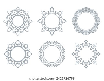 Set of decorative frames Elegant vector element for design in Eastern style, place for text. Floral gray and white borders. Lace illustration for invitations and greeting cards